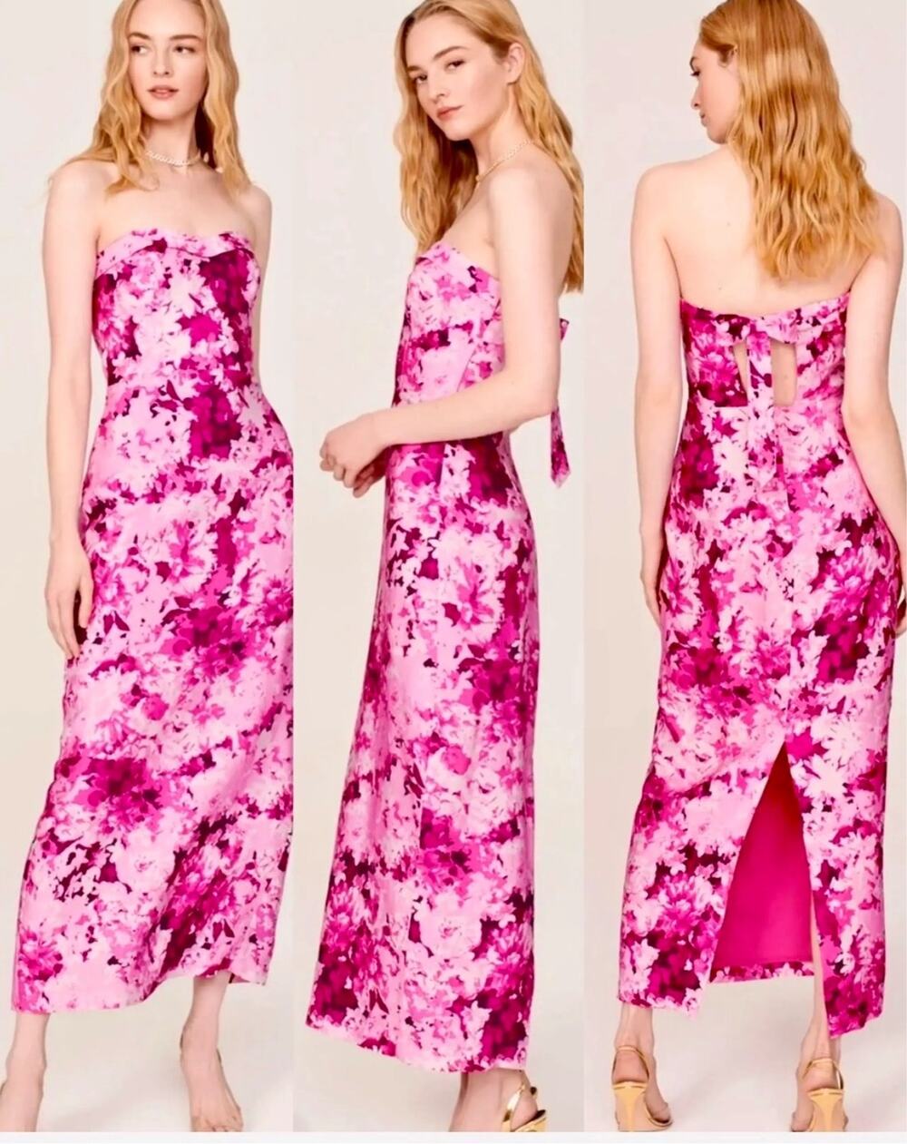 ML Monique Lhuillier Pink Floral Print Faille Strapless Cocktail Maxi Gown 4